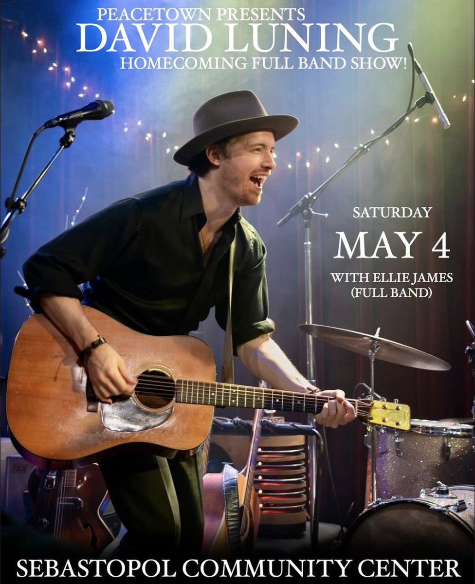 DAVIDLUNING's tweet image. Hey Sonoma County, I’ll be back up in the north bay on May 4th to play a show at the Sebastopol Community Center!  Ellie James &amp;amp; her full band will be kicking off the show!  Hope to see you there! 📷
For tickets:  peacetown.org/david-luning
#sebastopol #davidluning #live #peacetown