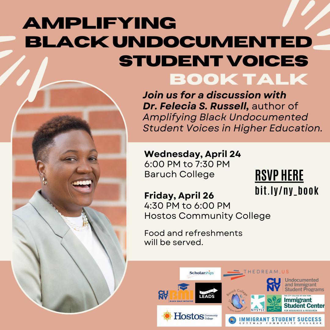 Event 1, amplifying Black UndocuStudent Voices in Higher Education at Baruch College

We heard from Dr. Felecia Russell about her new book! And learned about the experiences of undocuBlack students

We will be at Hostos on Friday!!!
Bit.ly/ny_book

#undocumented #black