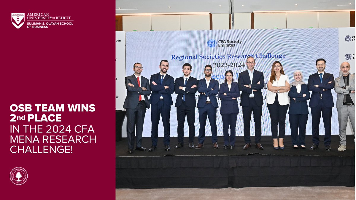 A proud moment for #AUB #OSB and Lebanon! Reem Jaber, Assil Ghandour, Hadi Jichi, Mardig Kissoyan, and Hussein Saffiedine brought home Second Place in the MENA #CFA 2024 Research Challenge. Special thanks to mentors Dr. Neveen Ahmed and Hussein Fares for their support.