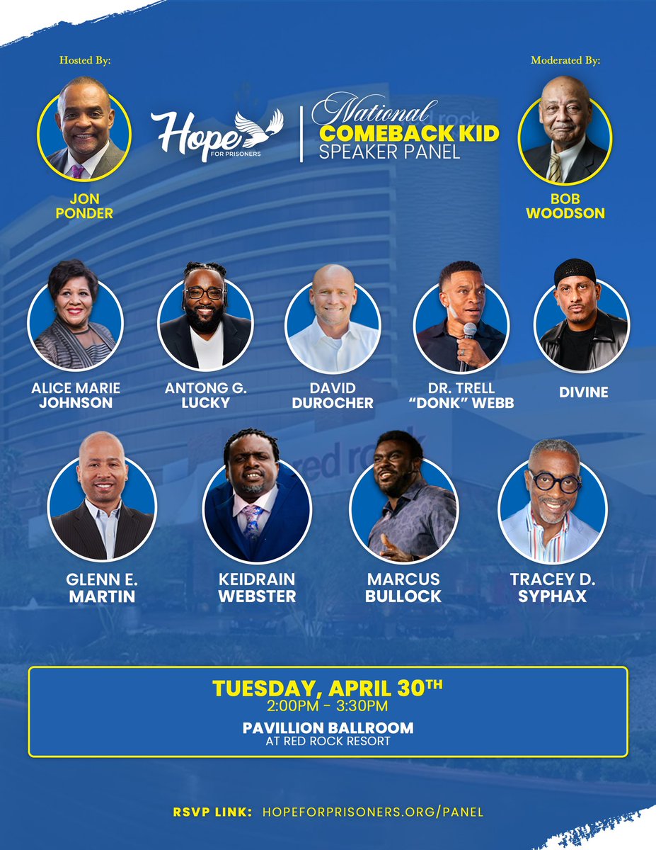 I’m a comeback kid! I’ll be joining the @hope4prisoners1 National Comeback Kid speaker panel and counted amongst the likes of @AliceMarieFree, @glennEmartin, @_marcus_bullock, @TraceySyphax, and more! It’s going down in Las Vegas on Tues. 4/30! RSVP: hopeforprisoners.org/panel