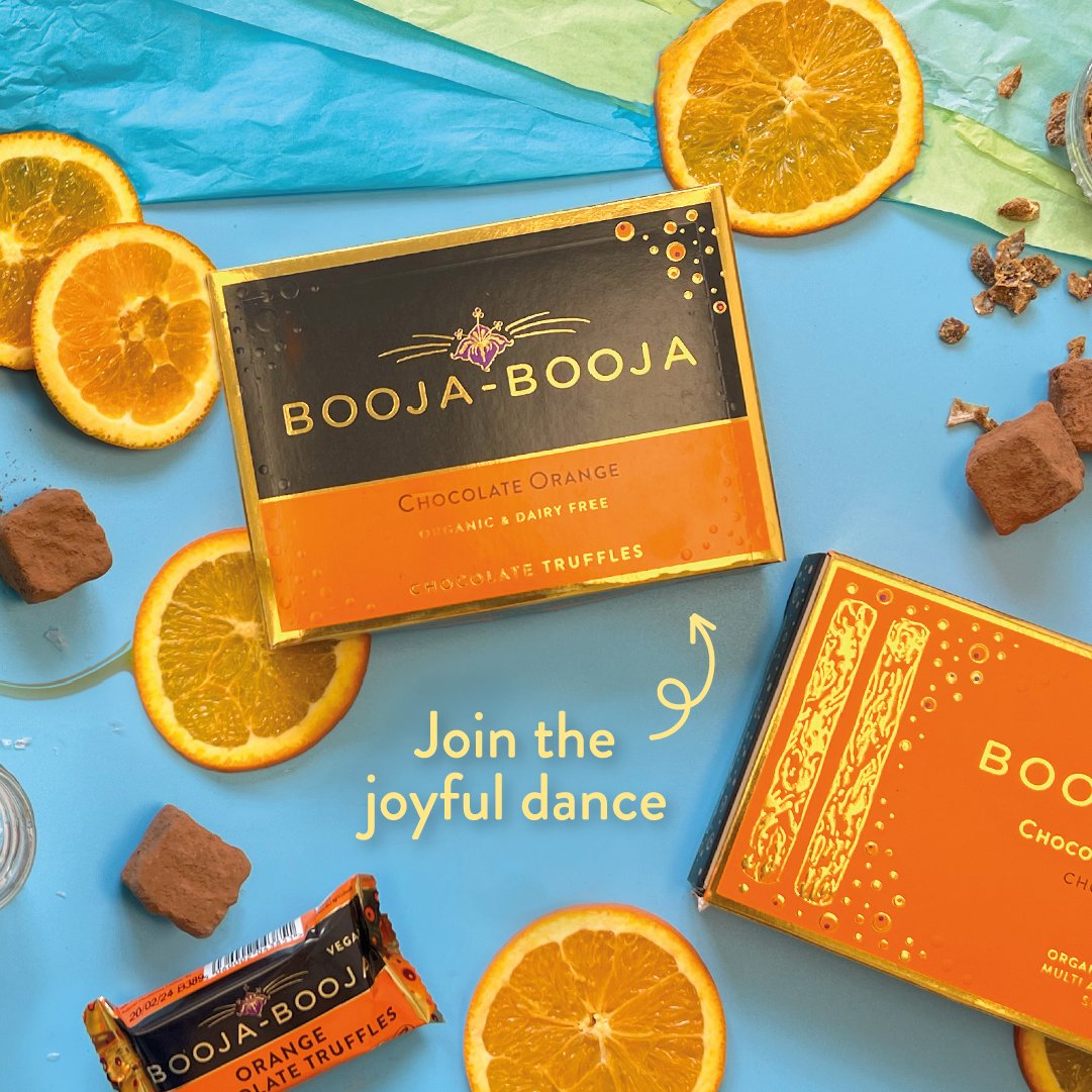 Frolic in the fruity zestiness of our Chocolate Orange Truffles. Join the joyful dance of deliciousness as notes of #organic #orange sing out from a vibrant #chocolate base, and tangy mandarin tickles you with purest delight. #BoojaBooja #Organic #DairyFree #GlutenFree #Vegan