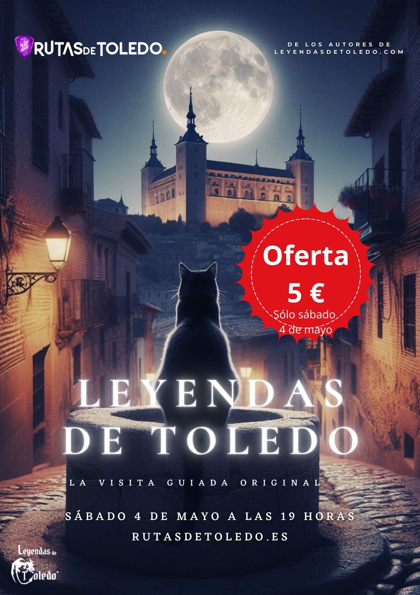 🪄 ¿Qué tal una visita guiada de #LeyendasdeToledo para la tarde del sábado 4 de mayo en #oferta a 5 € por persona? Vamos a sacar pocas plazas, así que reserva ya aquí: rutasdetoledo.es/tours/leyendas…  #Toledo #Turismo #Visitaguiada #Tour