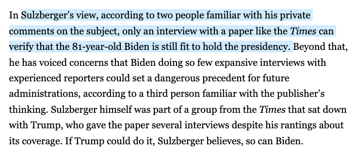 I almost fell off my chair at the absolute arrogance of the @nytimes on display in this @politico piece.⤵️The paper is pushing the Biden age stories because their feelings are hurt?  That's not journalism, that's vengeance with a dose of propaganda.   1/