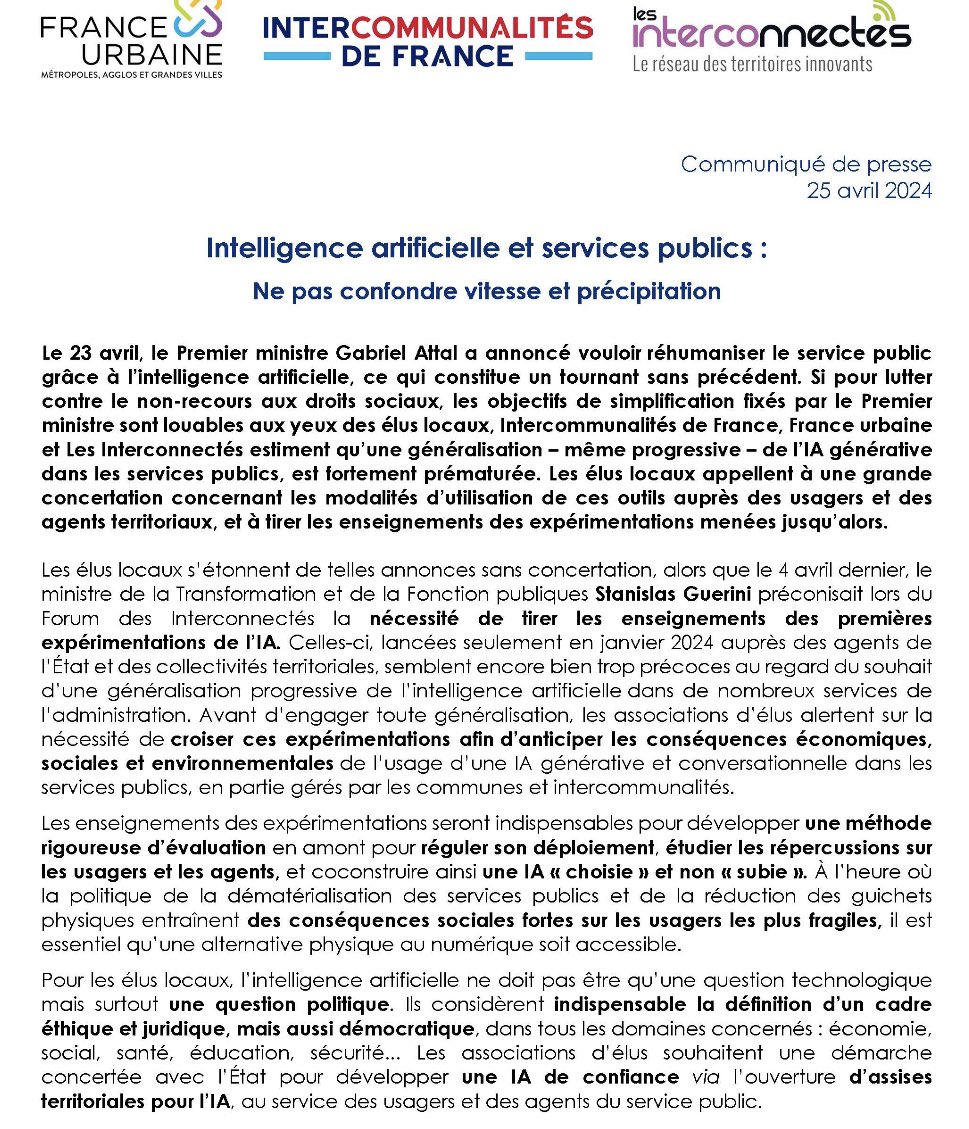 La généralisation, même progressive, de l’IA Générative dans les services publics est prématurée ! @GabrielAttal veut réhumaniser le service public grâce à l'intelligence artificielle. Les élus locaux appellent à une grande concertation. Ne pas confondre vitesse et précipitation