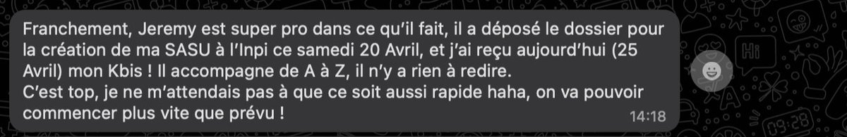 Qu'est ce qui me distingue des comptables, avocat, ou encore plateformes de création de société ?

La compréhension, la personnalisation totale et surtout la RAPIDITE. 

Mon client a obtenu son KBIS en moins de 4 jours !
Grâce à ma technique.

Ma ligne direct en com si tu veux en…