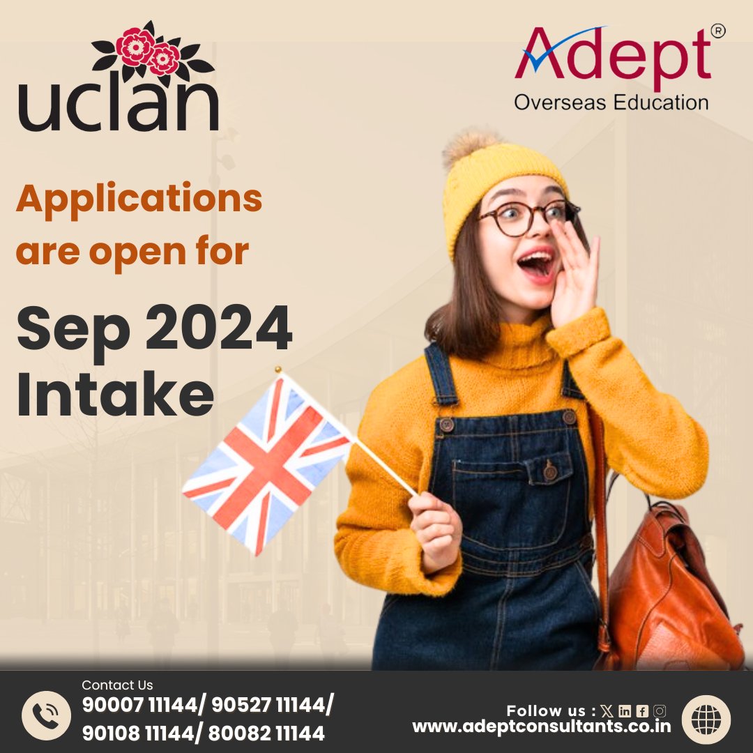 University of Central Lancashire.

Applications are open for Sep 2024 Intake.

#Adeptoverseaseducation #StudentVisa #TopUniversity #scholarships #UClanUniversity #sepintake