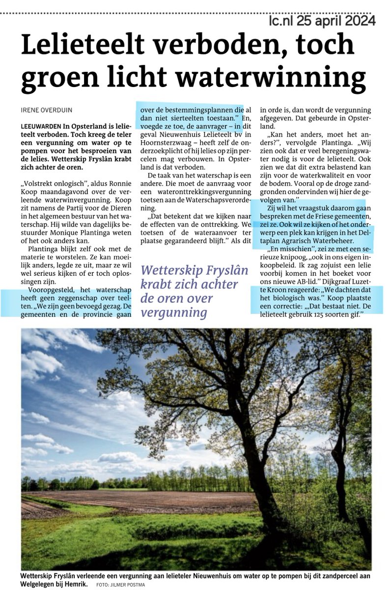 Quote:
'In Opsterland is lelieteelt verboden. Toch kreeg de teler een vergunning om water op te pompen voor het besproeien van de lelies. Wetterskip Fryslân krabt zich achter de oren.'

Naast @Jantienlc heeft @lc_nl nog een luis in de pels van de vaute boer: @Ireneov 💪🏻