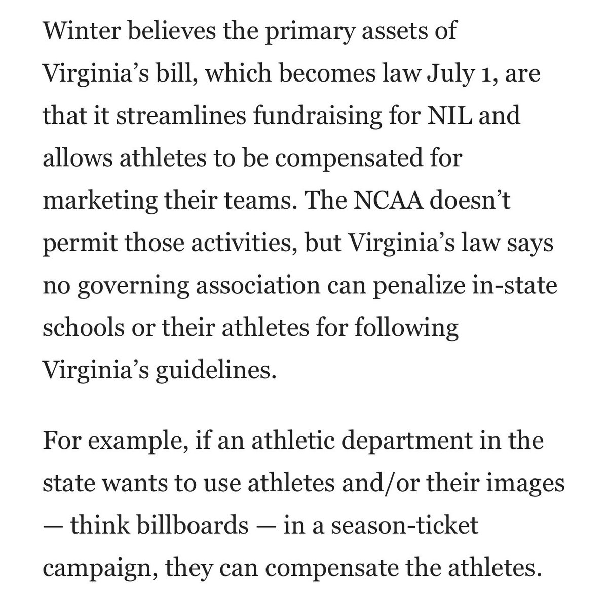 Virginia now has the nation’s most progressive #NIL law. Thanks to David for reaching out to discuss it and what it will allow Virginia schools to do.