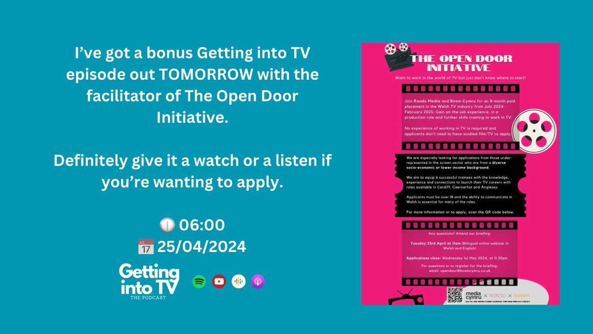 BONUS GETTING INTO TV EPISODE TOMORROW I chat to project facilitator @ImamYeota of The Open Door Initiative about the scheme, what it covers, importance of diversity + more. Deadline to apply is NEXT WEDNESDAY. 👉 Watch on YouTube or listen on Spotify 🕙 06:00 🗓️ 26/04/2024