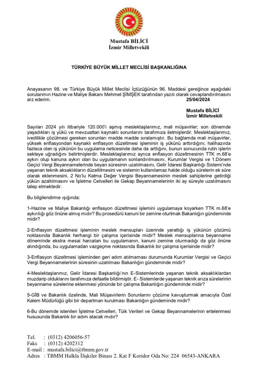 Meslektaşlarımız Mali Müşavirlerin sorunlarını yazılı soru önergesi vererek Meclis Gündemi’ne taşıdık.

📌Enflasyon düzeltmesi uygulaması ivedilikle kaldırılmalıdır. 

📌Enflasyon düzeltmesi, meslek mensuplarımızın rutin işlerini sekteye uğrattığından Kurumlar Vergisi ve 2024