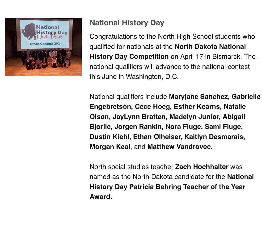 So proud of our Social Studies team! Look at what our students and our very own Zach Hochhalter at North High accomplished at the North Dakota State @NationalHistory competition!

@FNHPrincipal thank you for sharing!

#fpsproud #nationalhistoryday