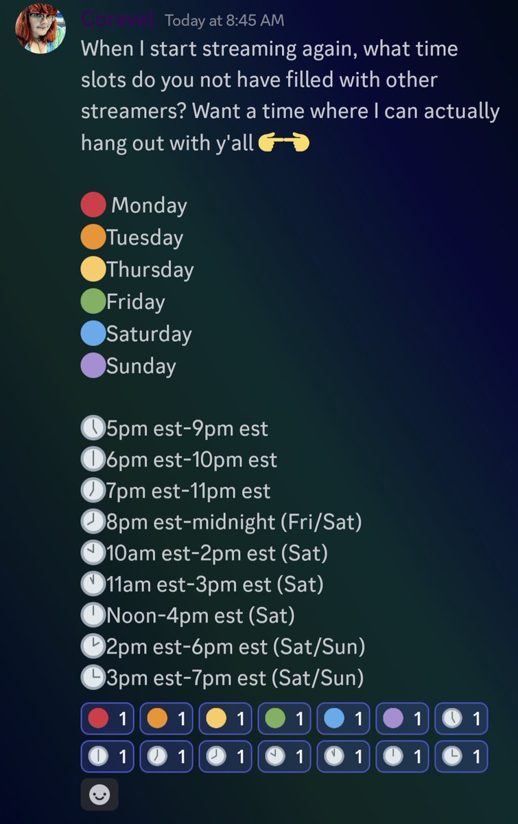 Polls for day/time of stream are up on my discord if y'all aren't already in it! Will be running all community games and multiplayer stuff outta there 👀

discord.com/invite/gdTCcnh…