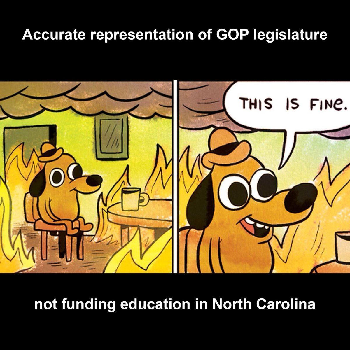 ProgressNow_NC's tweet image. "This is fine," the #NCGOP supermajority says as our teachers leave the profession due to embarrassingly low pay and our public schools continue to be severely underfunded. The #NCGA is now back in session. These issues can be addressed and fixed. But will they?
#ncpol #nc #nced