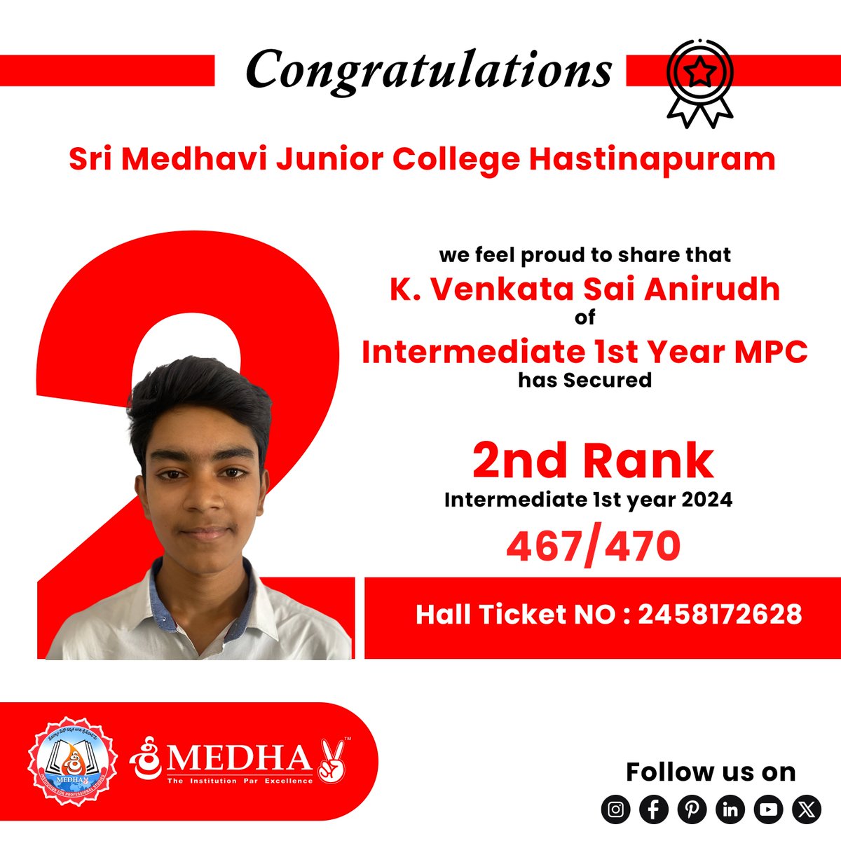 we feel Proud to share that Our Students K.venkata sai Anirudh and O.Praveen got 2nd & 4th ranks in the intermediates 2024 Examination

#srimedhavi #tsresults2024 #Telangana #collegesnearyamjal #collegenearme #staterank
#collegesinhyderaba #JuniorCollege
