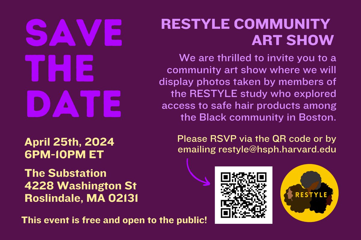 Support RESTYLE by attending its community art show hosted in Roslindale tonight! The event is free and showcases stories & photos from Black women in Boston. @Harvardchan @TJamesTodd_PhD