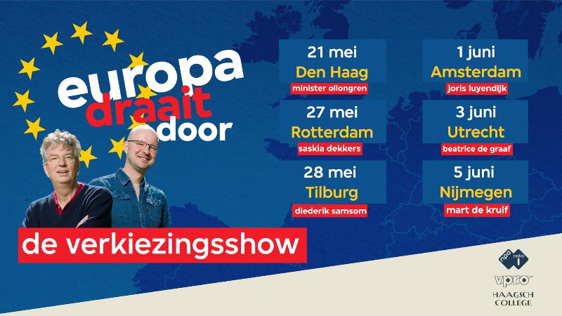 Mensen, hier kijken we erg naar uit. 

Willen jullie op een originele, grappige én inhoudelijke manier alles horen over de Europese verkiezingen?

Kom naar één van onze theatervoorstellingen! 

Kijk op haagschcollege.nl/europadraaitdo… voor meer info!