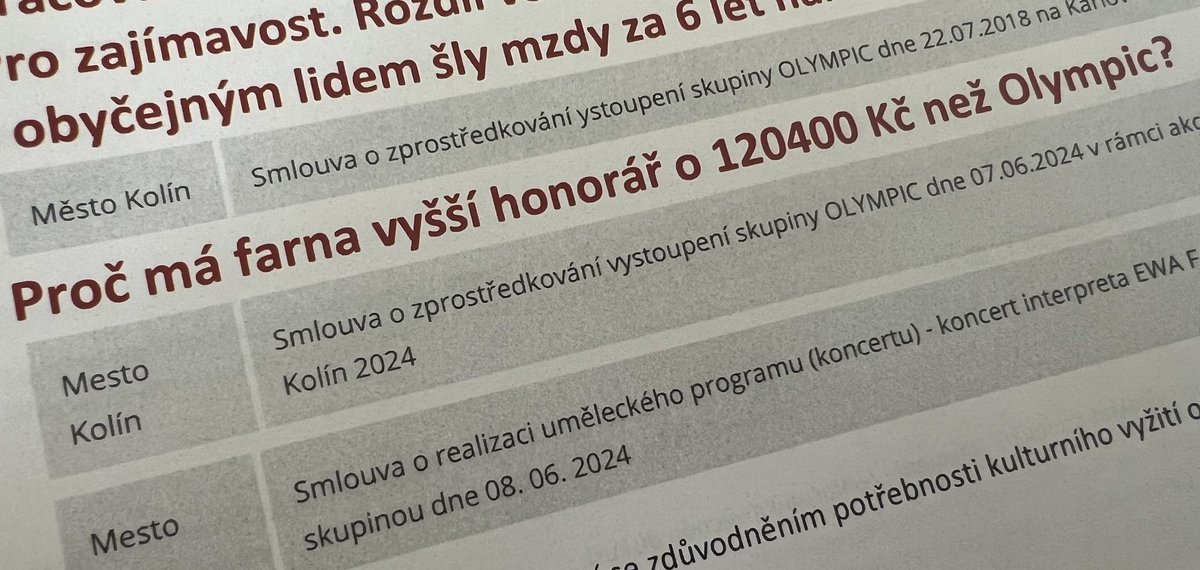 Přišla mi stížnost. Mám vyřešit, proč má na kulturní akci v Kolíně Eva Farna o 120 400,- korun vyšší honorář než Olympic. 😮🙏🏻 Přemýšlím o zřízení pracovní skupiny nebo vyšetřovací komise, abychom tomu přišli na kloub. Ajajaj, Snad jsem to NEzavinilA já. 🙏🏻🙏🏻🙏🏻 Je to tvá vina