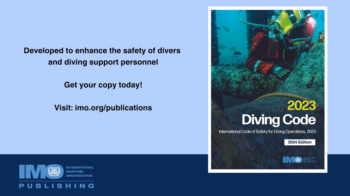 Did you know IMO has a Code for Diving? 

The new edition is published now 📘 
The Code helps to enhance the safety of divers and support diving operations. All details to get your copy here: tinyurl.com/mr9nn56t 
#MaritimeSafety