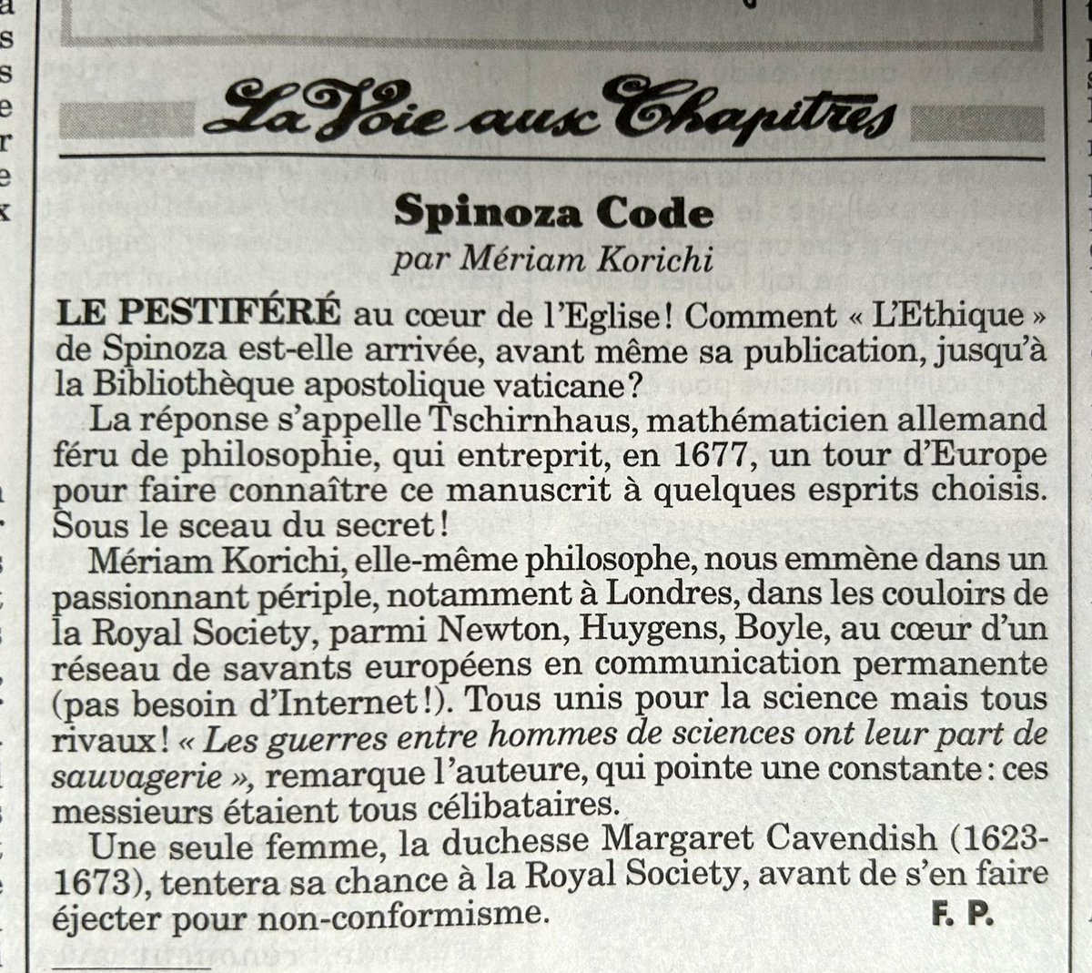 La voie aux chapitres ! Spinoza Code dans Le Canard enchaîné cette semaine @EditionsGrasset