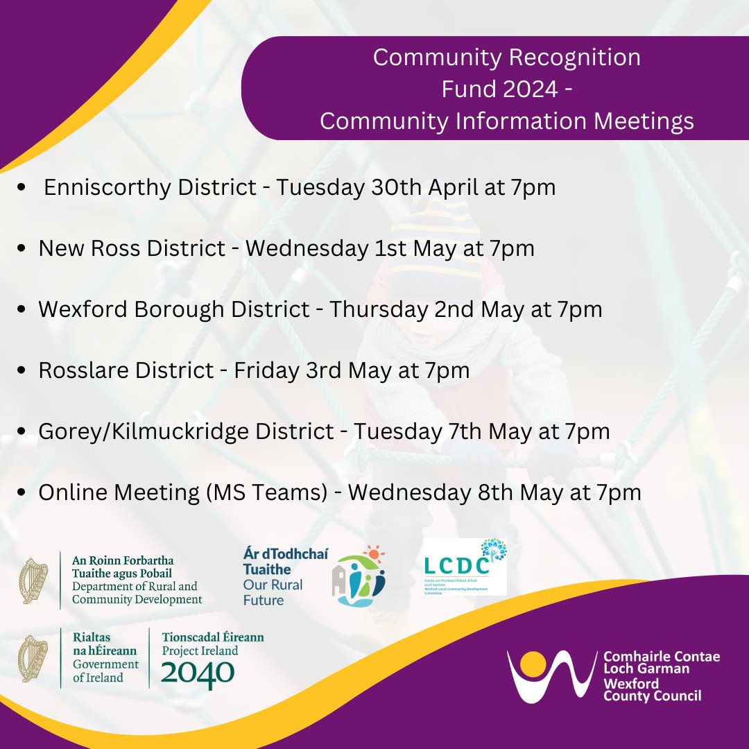 Community Recognition Fund 2024 - Public Information Meetings For more details including locations of each meeting please go to: wexfordcoco.ie/news/announcem…