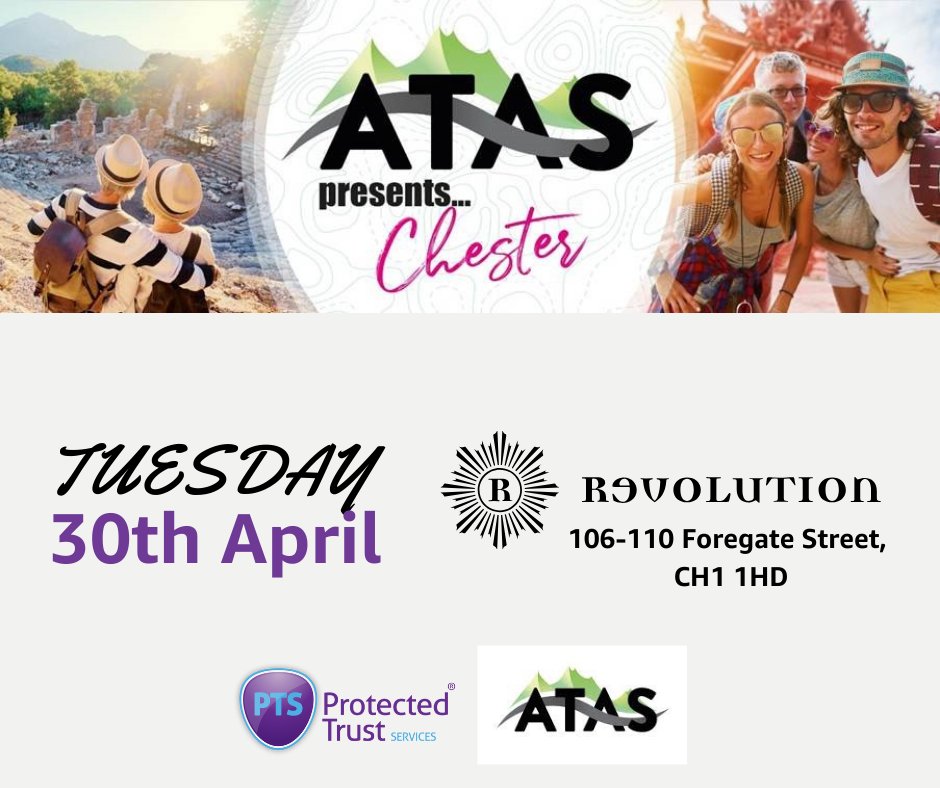 Looking forward to ATAS presents...Chester! Join our Executive Director Emma Collis on April 30th at Revolution Bar. Exciting evening ahead. Can't wait to see you there! #ATASEvent #PTS #TravelIndustry 🌍✈️