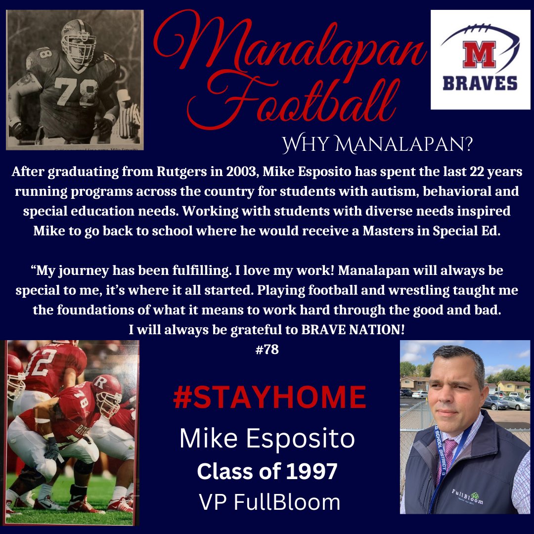 HERE WE GO!! Week 5 of our former Manalapan Football player profile..from #churchlane to ⁦@RFootball⁩ to #VPofBloom..Mike is a part of the tandem of brothers that have come thru our BRAVE FAMILY..⁦@UMichCoachEspo⁩ #thebraveway #STAYHOME