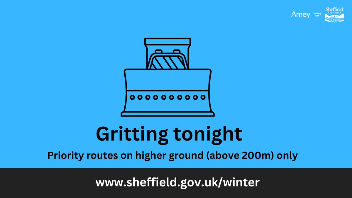 It's forecasting a cold night especially on higher ground with temps likely to be close to freezing. Our team will be gritting all #Sheffield priority routes above 200m from 2am in the morning. You can check out our #winter info on our website, sheffield.gov.uk/winter #sygrit