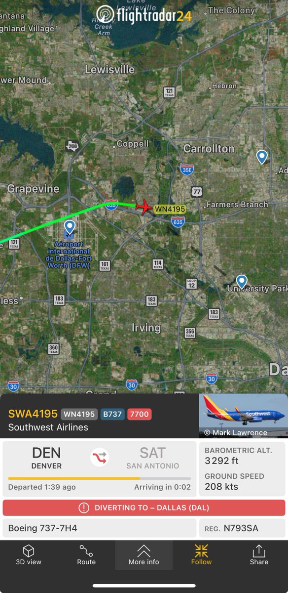 ✈️🆘↩️ #Southwest flight #WN4195 #SWA4195 aircraft #B737 #N793SA between DEN/Denver 🇺🇸 and SAT/San Antonio 🇺🇸 has declared #emergency via #squawk7700 and is currently diverting to DAL/Dallas-Love Field 🇺🇸