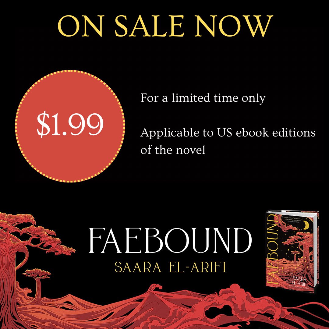 ✨SHE’S ON SALE✨ Grab the ebook edition of #Faebound at the bargain price of $1.99 (US only). That’s $0.005 a page. Doesn’t get much cheaper than that… linktr.ee/SaaraElArifi