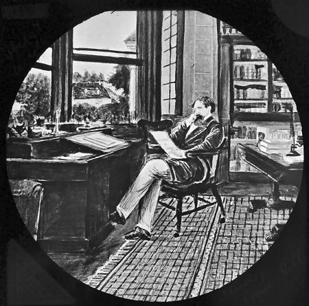 Lantern slide depicting Charles Dickens in his study in Gad's hill. The plate has a triangular label with the name of the manufacturer, E. G. (Edward George) Wood, and was made around 1890. The dimensions are 8.2 x 8.2 cm. luikerwaal.com/newframe_uk.ht…