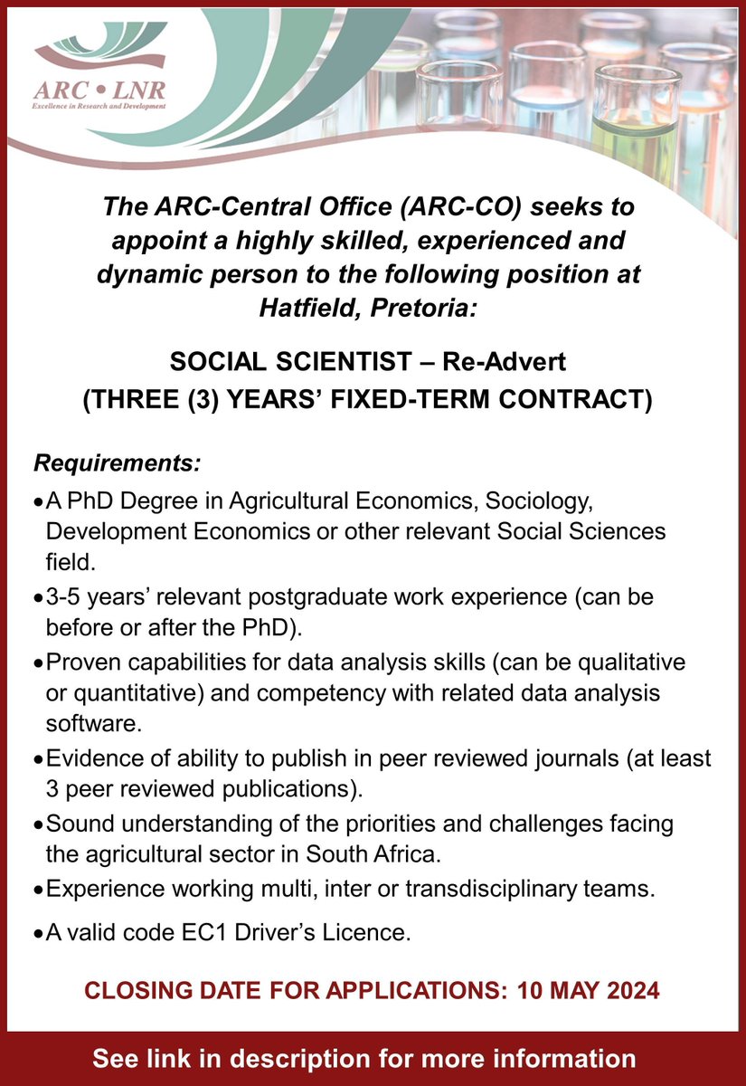 The @ARCSouthAfrica Central Office seeks to appoint a highly skilled, experienced and dynamic Social Scientist to join their team in Pretoria. Closing date for applications is 10 May 2024. Click here for more information: buff.ly/4aPOZtc