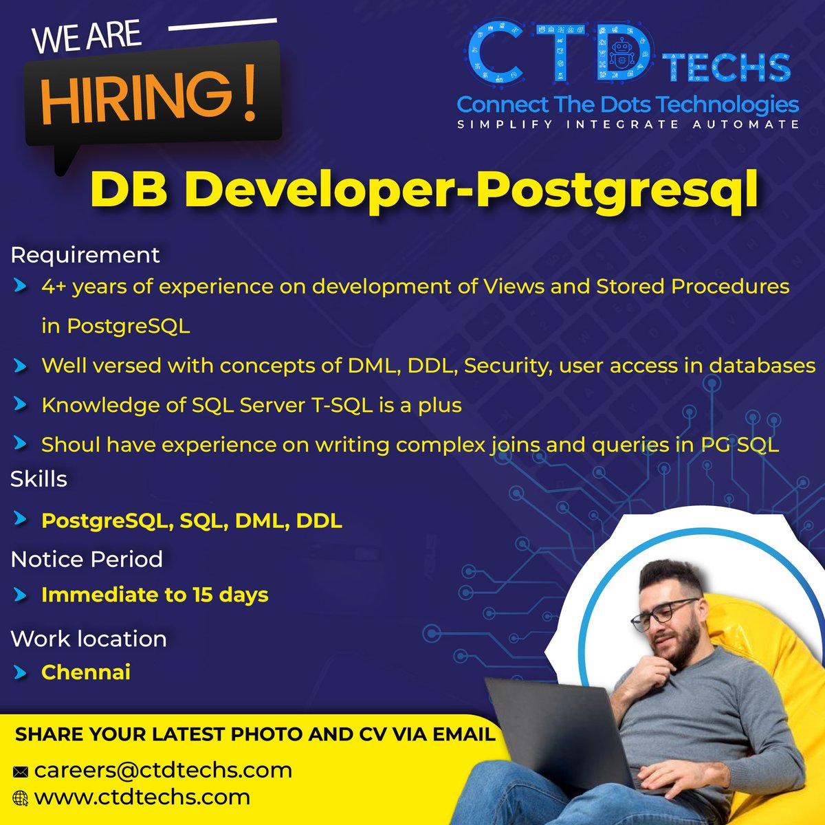 Ganeshspillai's tweet image. Join our team as a DB Developer- PostgreSQL! 💼🚀 We're looking for someone with 4+ years of experience in PostgreSQL development.
#DBDeveloper #PostgreSQL #SQL #ChennaiJobs