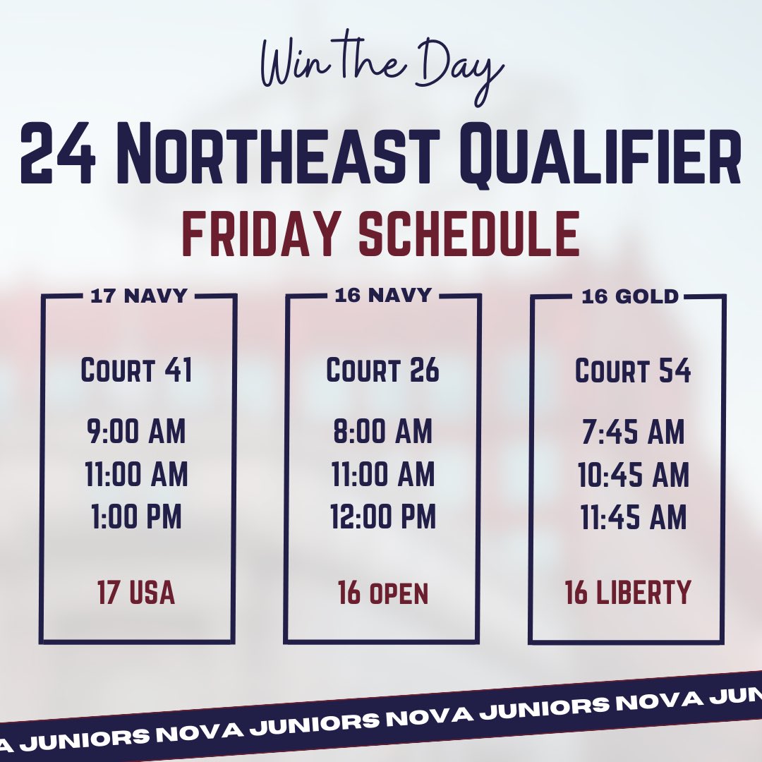 Wishing the best of luck to our incredible teams as they compete this weekend!!! Swipe ➡️ to check out our Friday court schedule at 24 Northeast Qualifier! #WTD #LOVBClub #theNOVAway