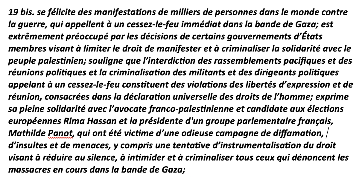 Ce midi, les eurodéputés insoumis ont présenté cet amendement pour condamner la répression contre ceux qui dénoncent le massacre en cours à Gaza et pour soutenir Mathilde Panot et Rima Hassan. Glucksmann et Toussaint se sont abstenus. La honte.