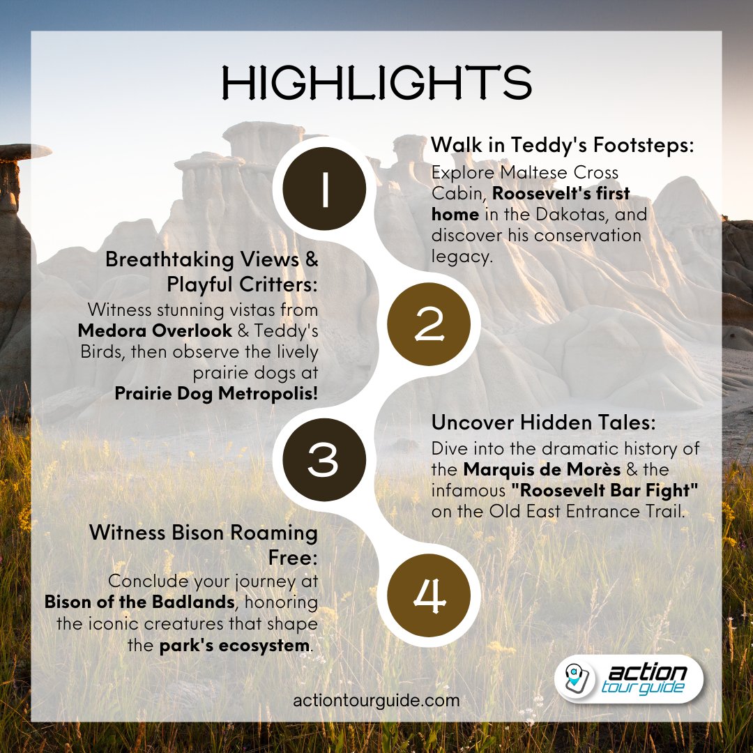 actiontourguide's tweet photo. Explore the Badlands like Roosevelt! Take the self-guided Theodore Roosevelt Tour: see his first home, stunning views, playful prairie dogs, and the Badlands' dramatic history.
Book your tour now!
https://t.co/yhdjgPVdQu https://t.co/2a3G7YQpUn