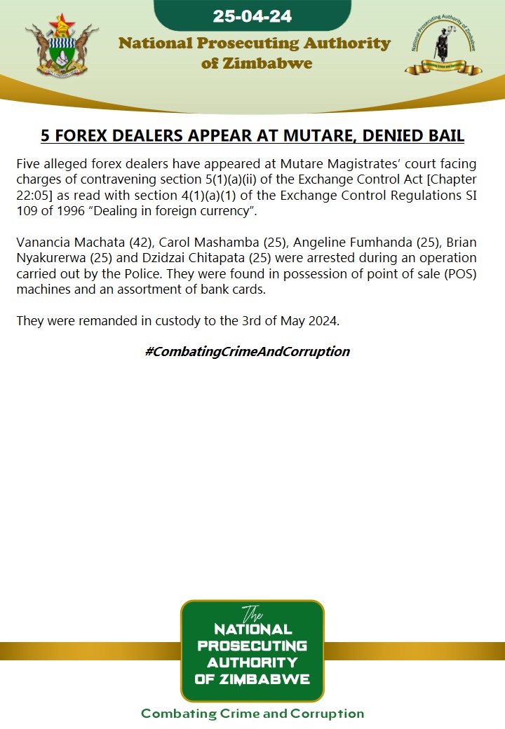 5 forex dealers appear at Mutare, denied bail
#CombatingCrimeAndCorruption
