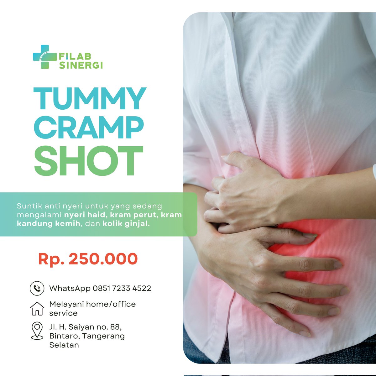 FilabSinergi's tweet image. Redamkan nyeri haid, kolik dan kram perut dengan suntik Tummy Cramp Shot di @FilabSinergi! 

📲 Reservasi via WhatsApp di 0851 7233 4522
🏠 Melayani home/office service
📍Klinik Filab Sinergi di Jl. H. Saiyan no.88, Bintaro, Tangerang Selatan

#suntik #suntikvitamin #infusvitamin