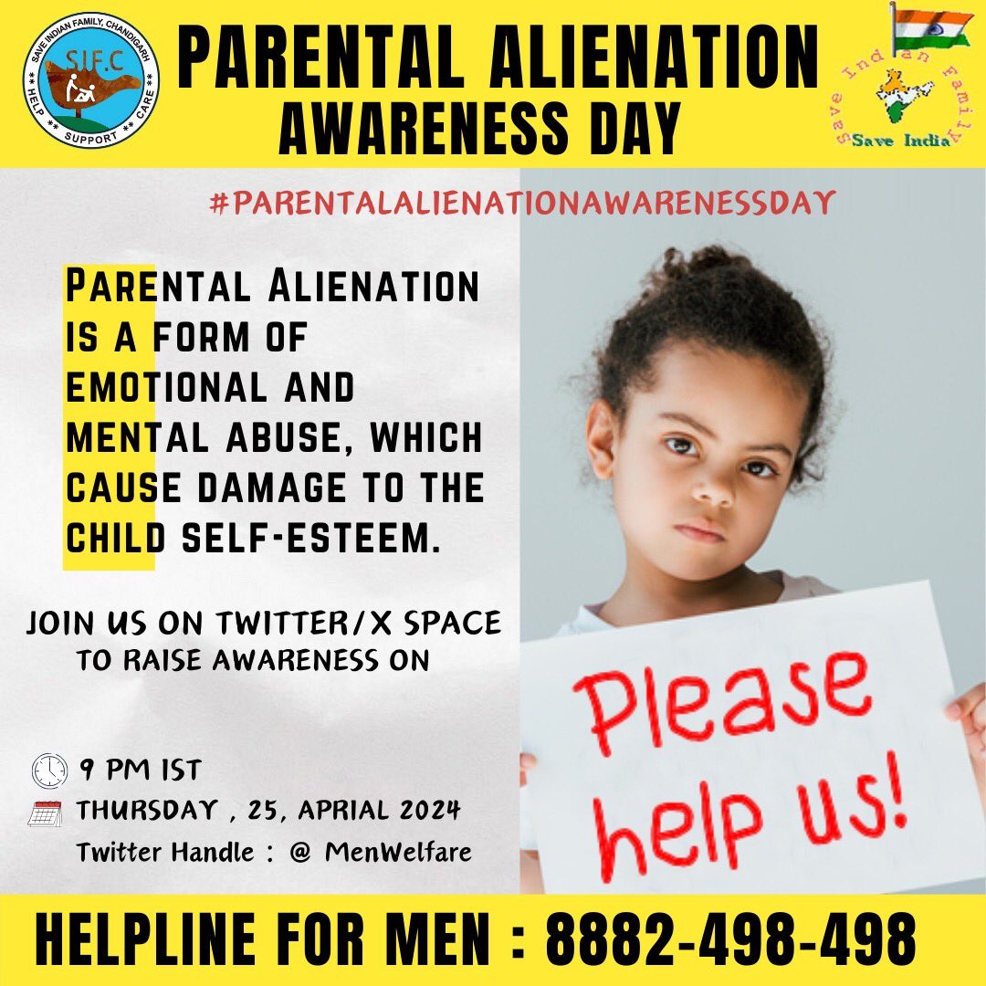 Let’s save the child from this silence pandemic #ParentalAlienation Join @MenWelfare @XSpaces today at 9.00pm on #ParentalAlienationAwarenessDay