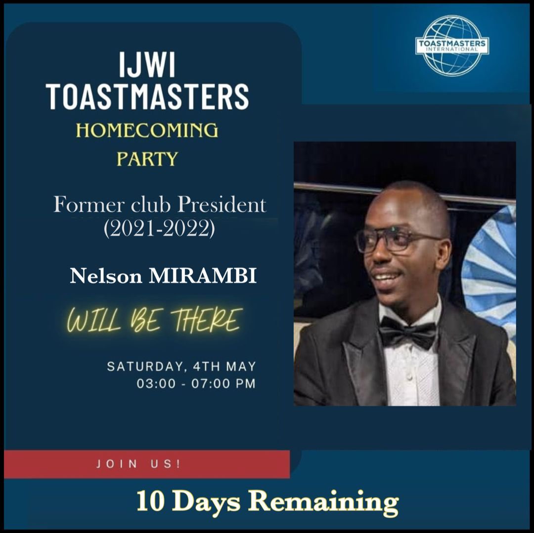 The clock is ticking, D-DAY is getting closer and closer. Dear toastmasters out there 😀😎who passed through Ijwi toastmasters come and celebrate the 13 years milestone 🔥 the link below will lead you to the WhatsApp group for more details chat.whatsapp.com/DC2yVsVbn008oJ…

#homecoming