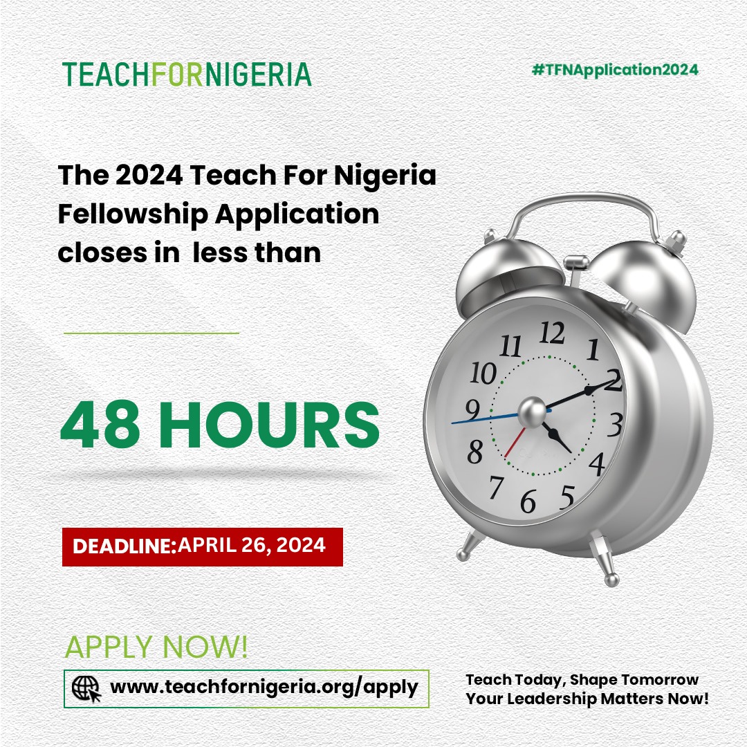 Ready to sow seeds of greatness and shape the future? Every year, we empower hundreds of leaders to nurture the potential of thousands of children in 🇳🇬. Don't miss your chance to make a difference. Applications close in less than 48 hours! Apply at teachfornigeria.org/apply.