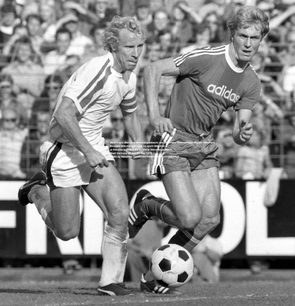 Berti Vogts (Borussia Mönchengladbach) and Karl-Heinz Rummenigge (Bayern München) Borussia Mönchengladbach vs Bayern München 4-1 at Bökelbergstadion att:34,500 in Mönchengladbach, West Germany on Sat. 20 Sep 1975 photo by Masahide Tomikoshi/TOMIKOSHI PHOTOGRAPHY