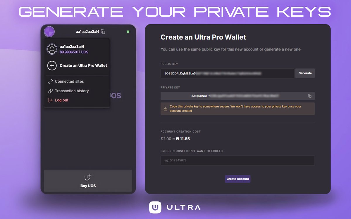 🔥 ULTRA announces the release of the @ultra_io Wallet Pro, allowing users to generate their own private keys! 👉 Not your keys, not your coins. The Pro Wallet costs $2 to create ≈ 12 $UOS, allowing users to manage multiple accounts, unlike basic EBA accounts which are still…