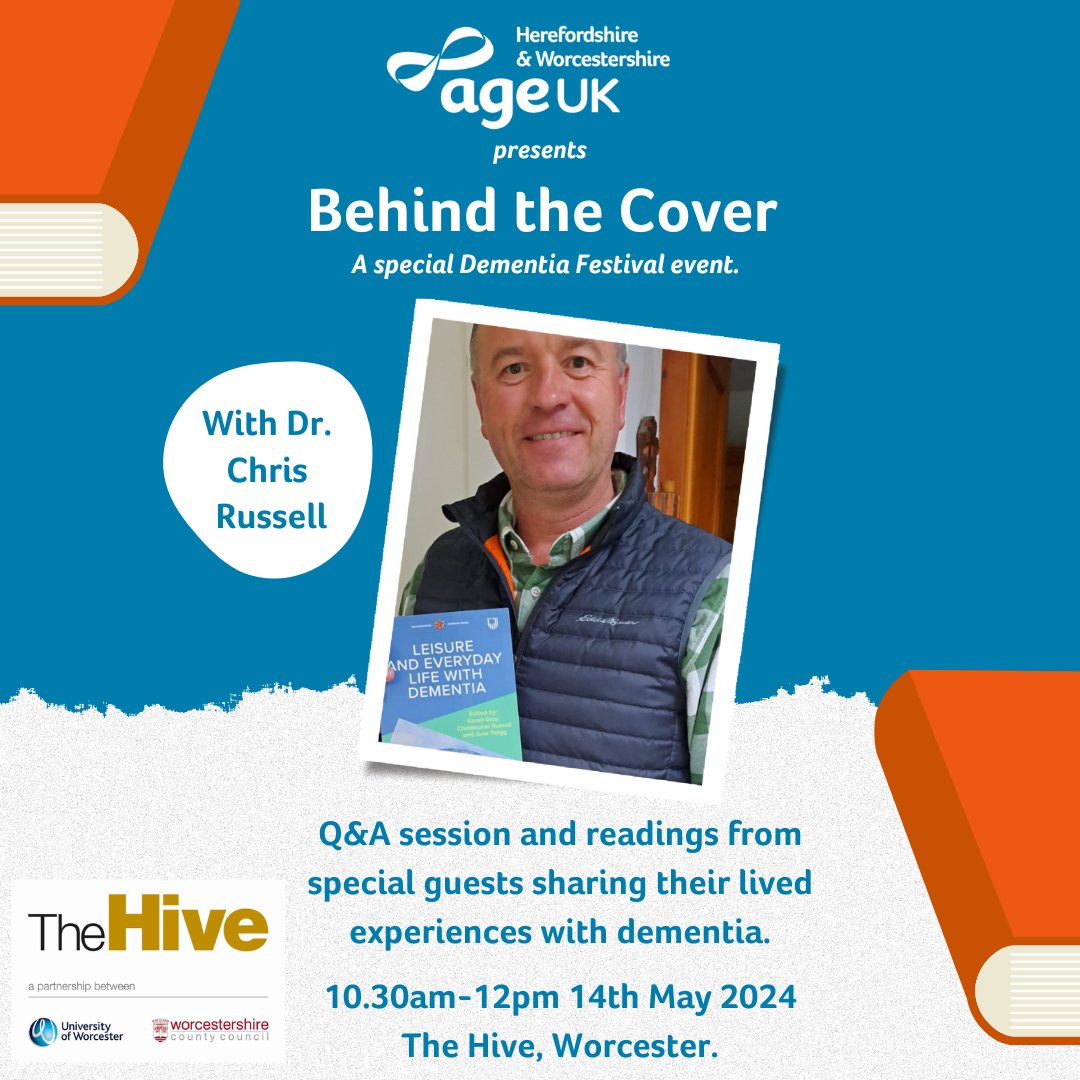 Gain an insight into the lives of people living with dementia at @TheHiveWorcs . Dr Chris Russell, the author of 'Leisure and Everyday Life with Dementia' will share readings from his book. Find out more: bit.ly/3JwUGAt