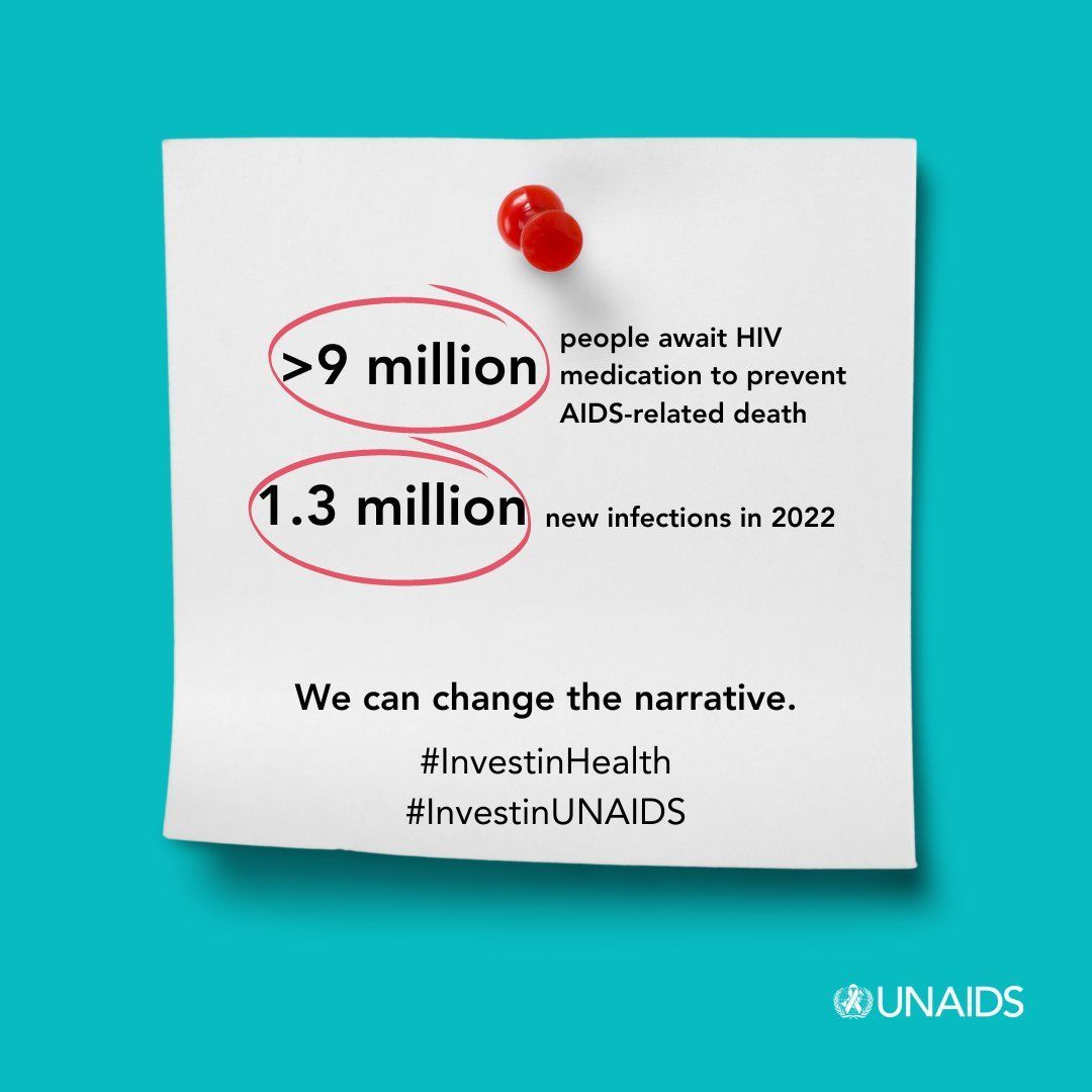 Since 2010, global AIDS-related deaths have gone down by 51% & new HIV infections are down by 38%. 

Despite this progress, 9+ million people await HIV medication, with 1.3 million new infections in 2022. Urgent investments in #HIVresponse is needed to bridge the gaps. 
@UNAIDS