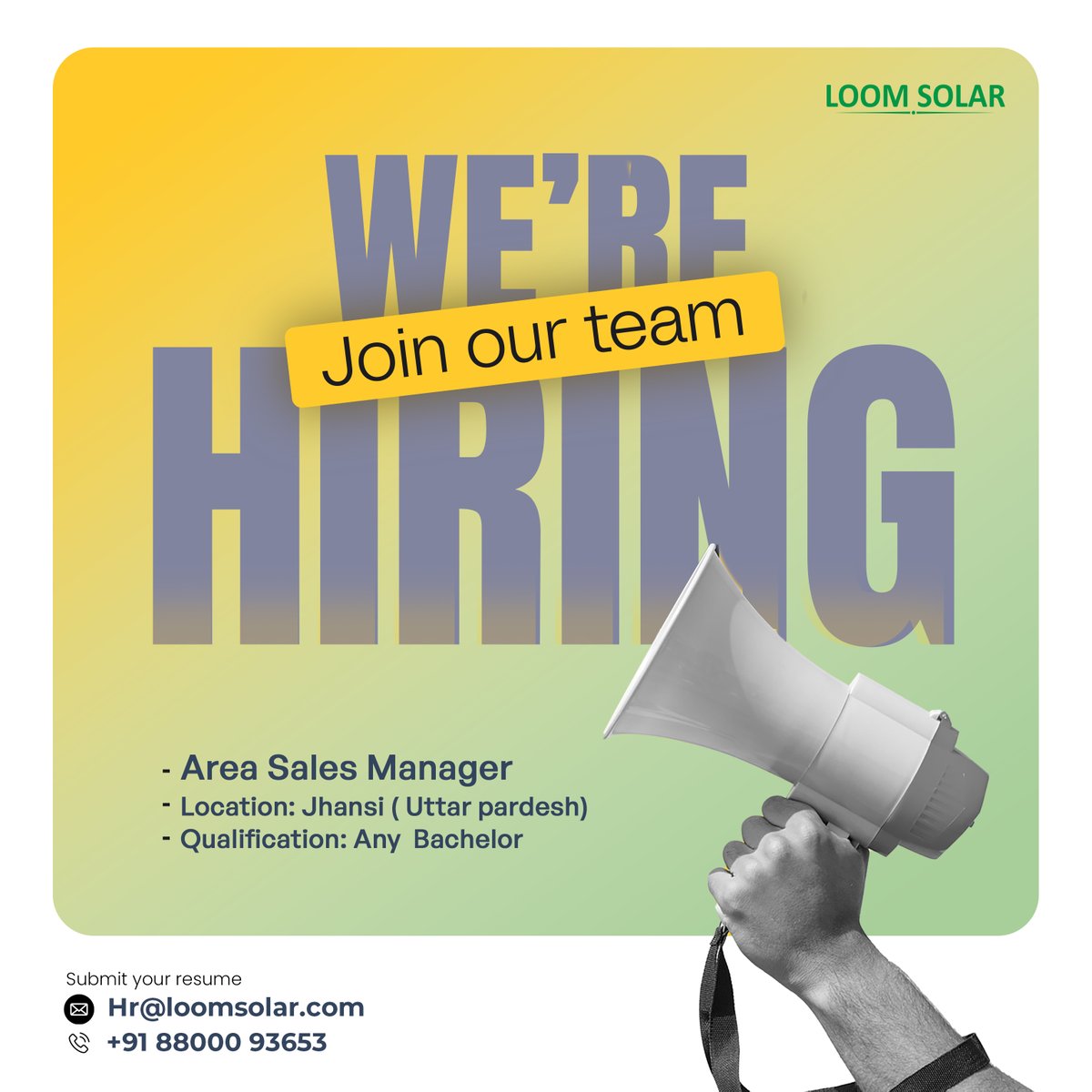 Join Our Amazing Team!
As an Area Sales Manager at location Jhansi Uttar Pradesh. Any graduate can apply for this post.
How to apply:
Interested professionals can send their updated CVs to
Hr@loomsolar.com
+91-8800093653
.
.
#HiringNow #jobs #search #hire #hiring #successtip