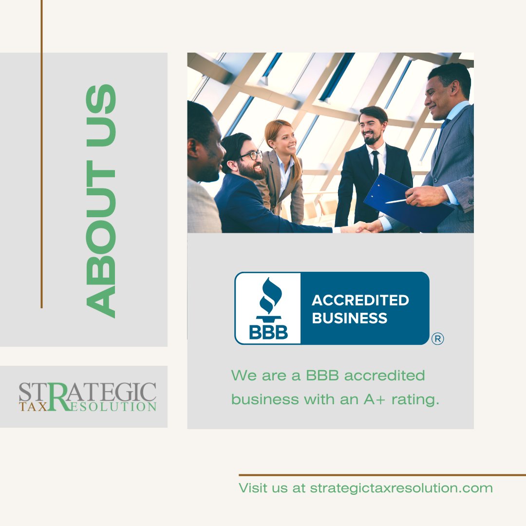 TaxStrategic's tweet photo. Elevate your financial journey with confidence! We're proud to announce that Strategic Tax Resolution is a BBB accredited business with an A+ rating. Trust in our expertise and commitment to excellence as we guide you towards your financial goals. #BBBAccredited #APlusRating https://t.co/vEUr3ZegCB