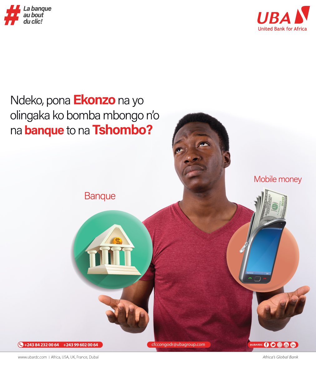 Ndeko!
Oko pona ko sala Ekonzo na yo na banque to o poni ko bomba Mbongo n’o na Tshombo?

#UBA #RDC #EkonzoChallenge #BanqueElengi #SavingsAccount #MobileMoney #Mpesa #OrangeMoney #AirtelMoney #LaBanqueAuBoutDuClic