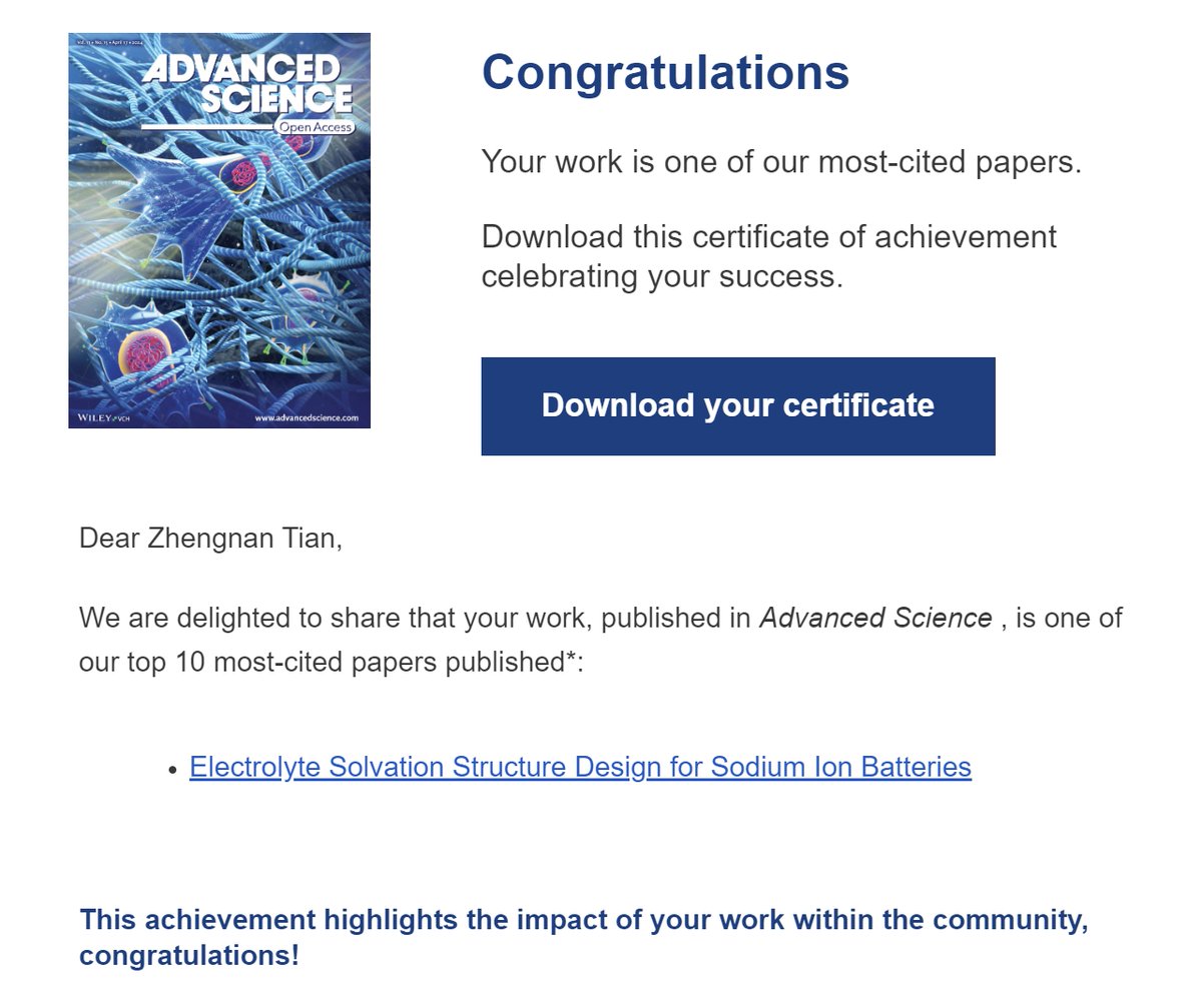 Good news heard from Advanced Science🎉🎉🎉🎉 Our review paper entitled 'Electrolyte Solvation Design for Sodium Ion Batteries' is one of the top most-cited papers published! Thanks professor @hnalshareef @KAUST_PSE