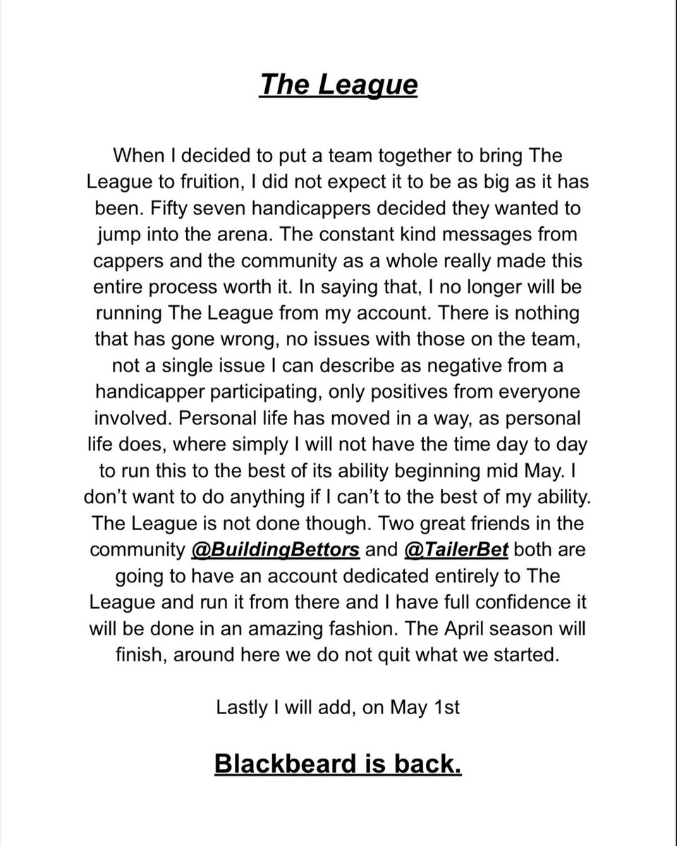 Statement regarding The League on my account.

I am extremely thankful for the opportunity to show this can be done the right way and what it can look like when it reaches its full potential.

May 1st, Blackbeard is back. 🏴‍☠️

 #TheLeague🏆