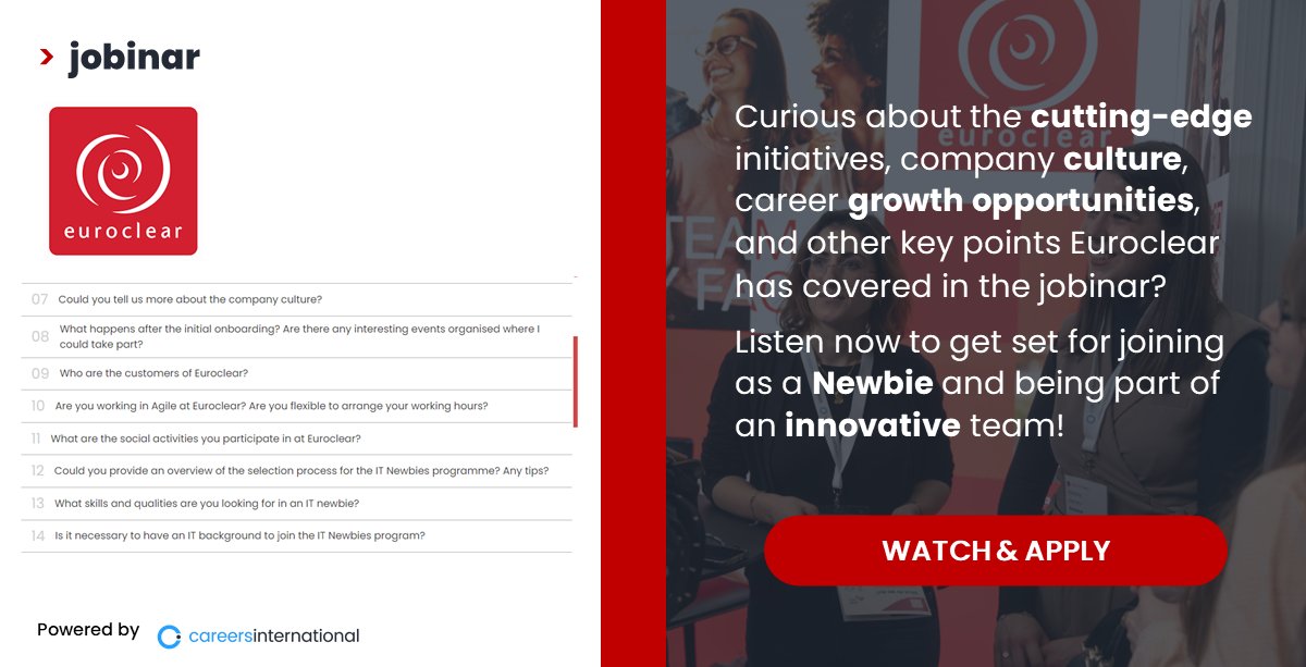 Missed out on the @EuroclearGroup jobinar? No worries! Tune in now > eoc72.jobinar.com to discover Euroclear's role in the financial market, current IT endeavors, divisional dynamics, insights into the IT Newbies Programme and many more! #jobinar #Euroclear #CareersInTech